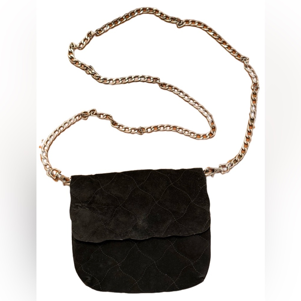 Quilted black suede bag, gold chain, cross body